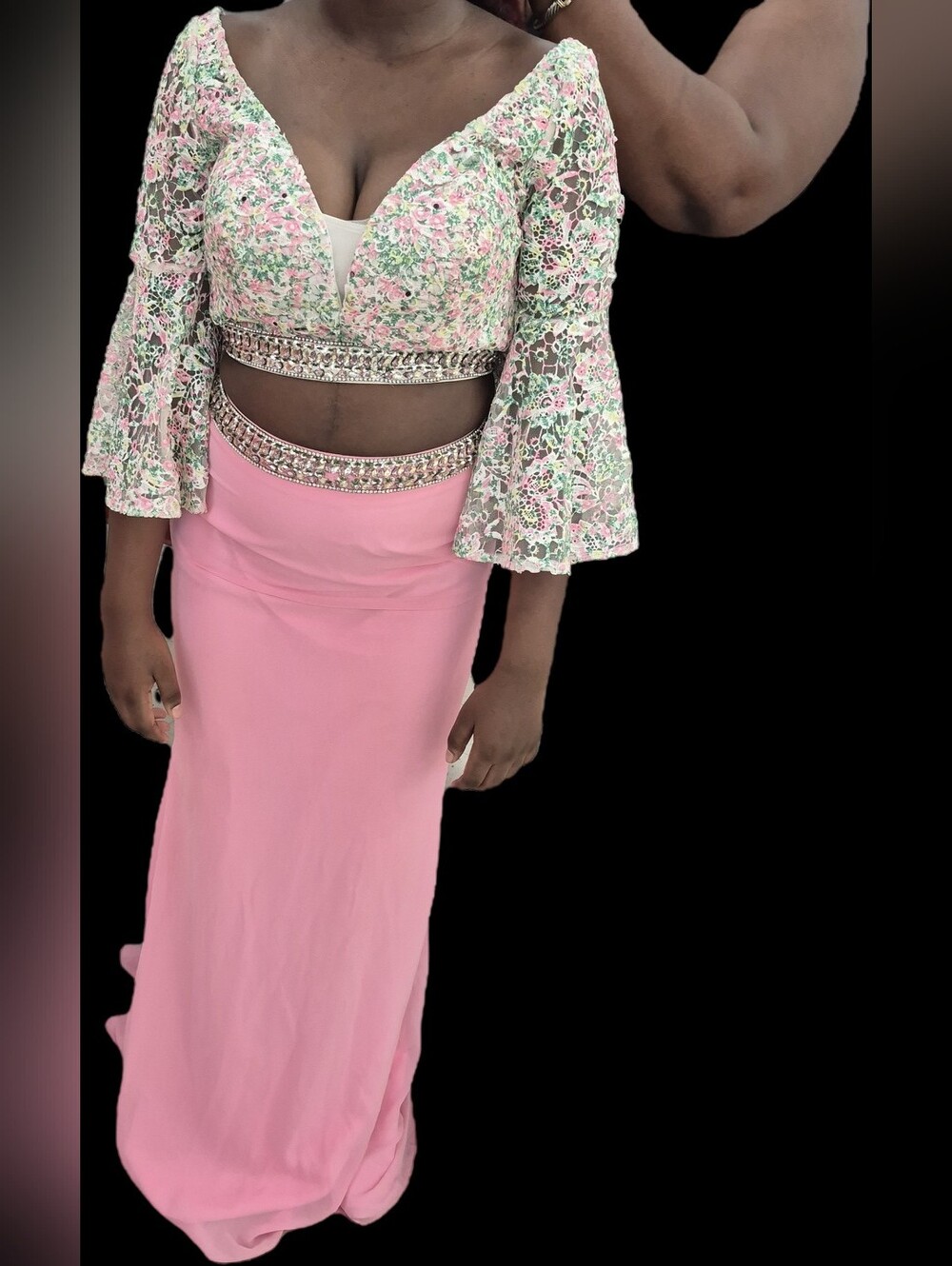 Source Unknown Pink Two-Piece Floral Lace Prom Dress